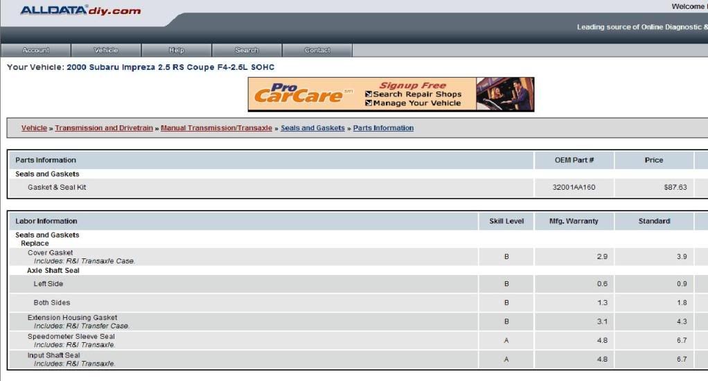 axle seal replacement cost NASIOC