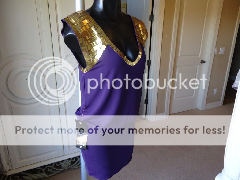 BEBE BYZANTINE QUEEN ARMOR BEADED PURPLE SLEEVE DRESS NWT sz S  